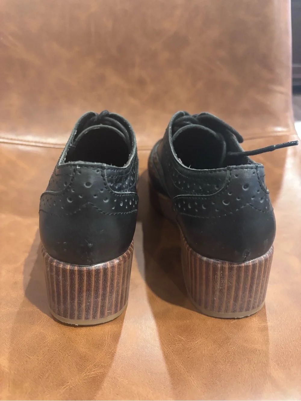 Kelsi Dagger Black Leather Brogue Platform Oxfords with Wood-Effect Sole